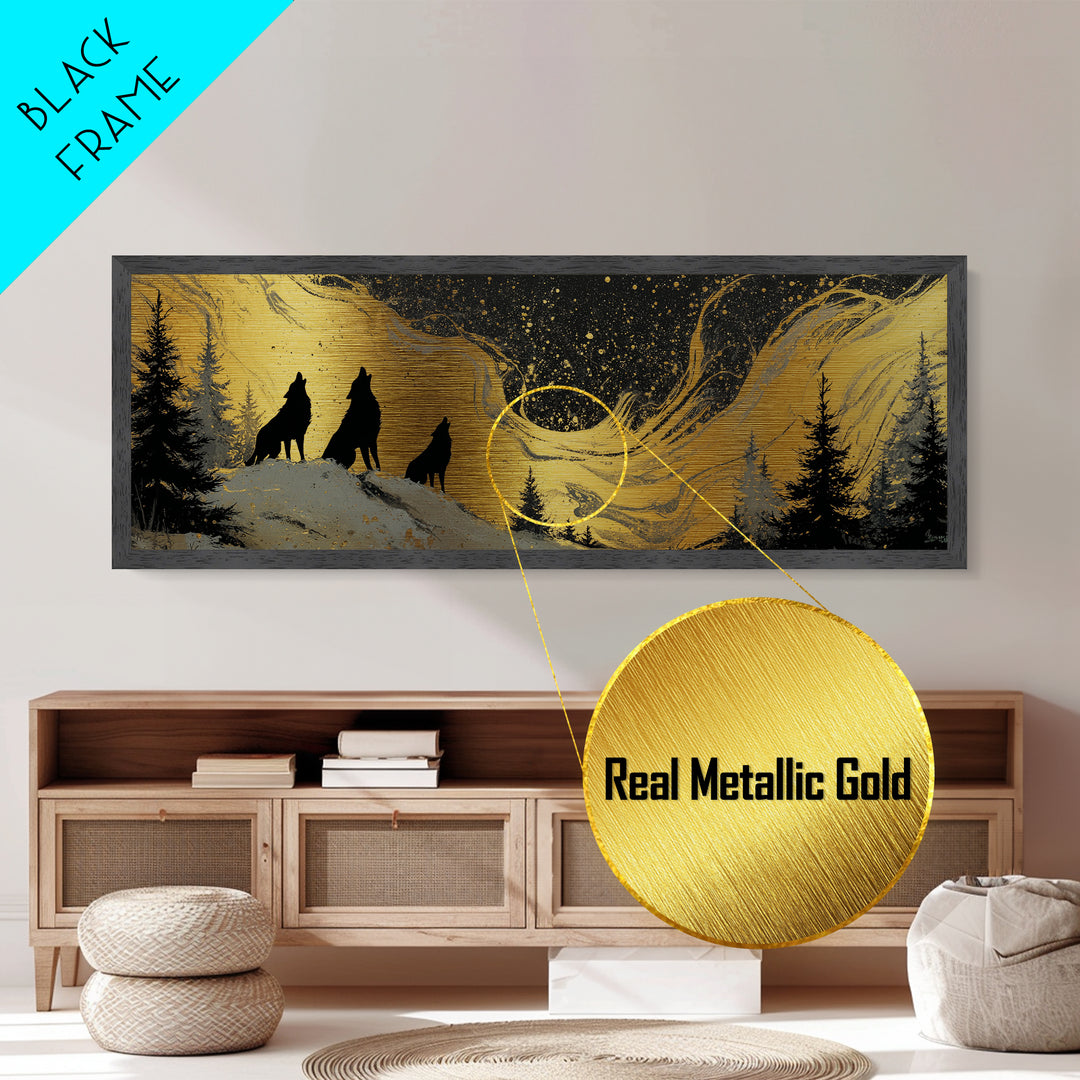 Nordic Wolves Under Stars Metallic Gold Art Metal Art, Viking Mythology Night Sky Office Decor, framed in solid wood