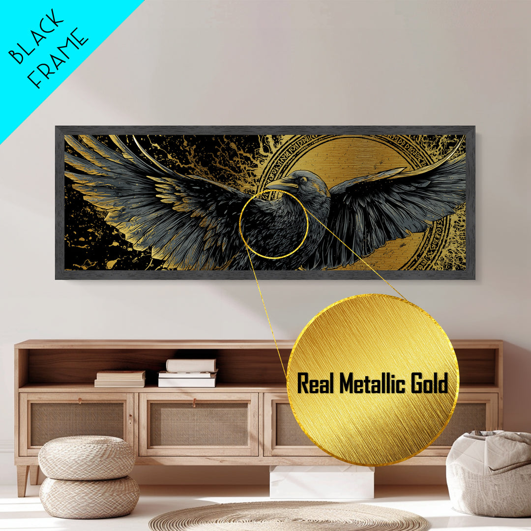 Odin’s Raven Huginn Muninn Metallic Gold Art Metal Art, Norse Mythology Office Art for Men, framed in authentic wood