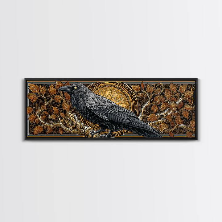 Canvas Gold Art Norse Raven Muninn Canvas Art, Viking Wall Decor framed in real wood, Nordic Mythology Office Art, Gift for Men