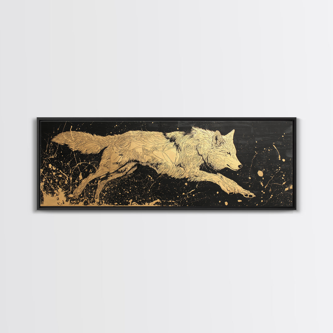 Fenrir Wolf Canvas Gold Art, Norse Mythology Canvas Art framed in natural wood, Viking Man Cave Decor, Nordic Wall Art Dad Gift