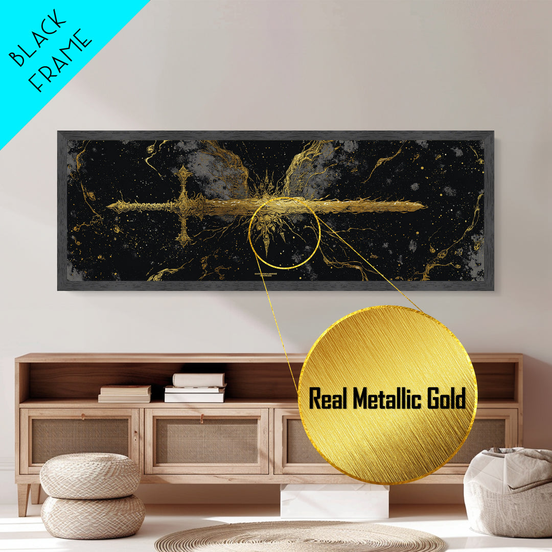 Golden Sword Metallic Gold Art, Norse Mythology Metal Art framed in real wood, Viking Office Wall Decor, Nordic Man Cave Gift