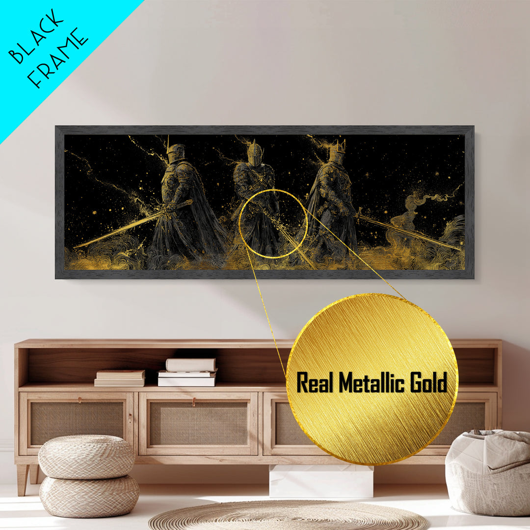 Einherjar Warriors Viking Metallic Gold Art Metal Art, Norse Mythology Office Art Dad Gift, framed in natural wood