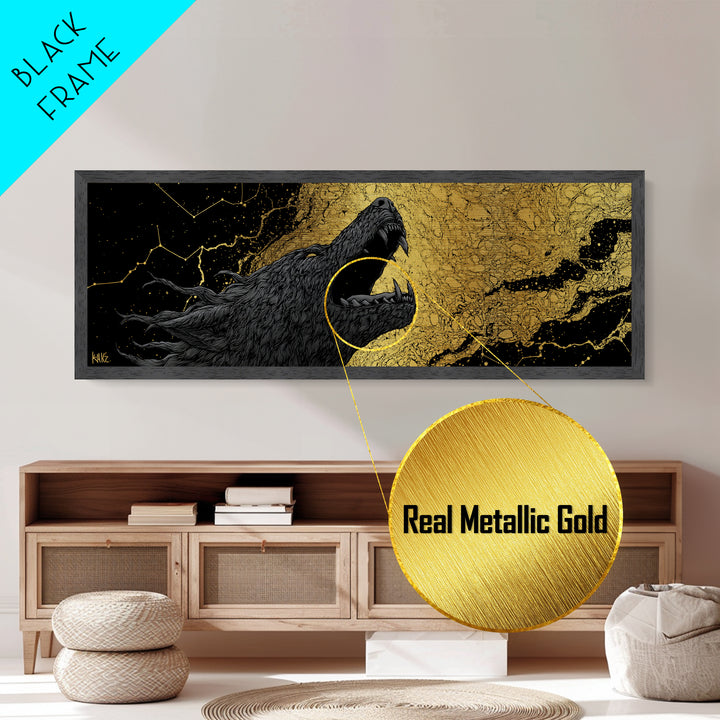 Fenrir Bound Norse Wolf Metallic Gold Art Metal Art, Nordic Mythology Office Decor for Men, framed in natural wood