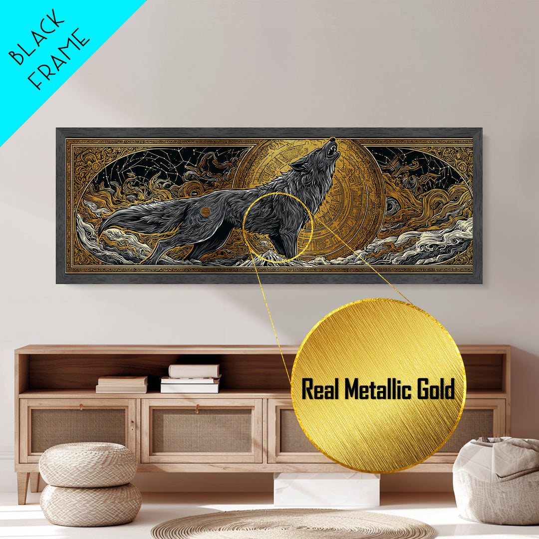Fenrir Wolf of Ragnarok Metallic Gold Art Metal Art, Norse Mythology Office Decor Man Cave Wall Art, with real wood frame