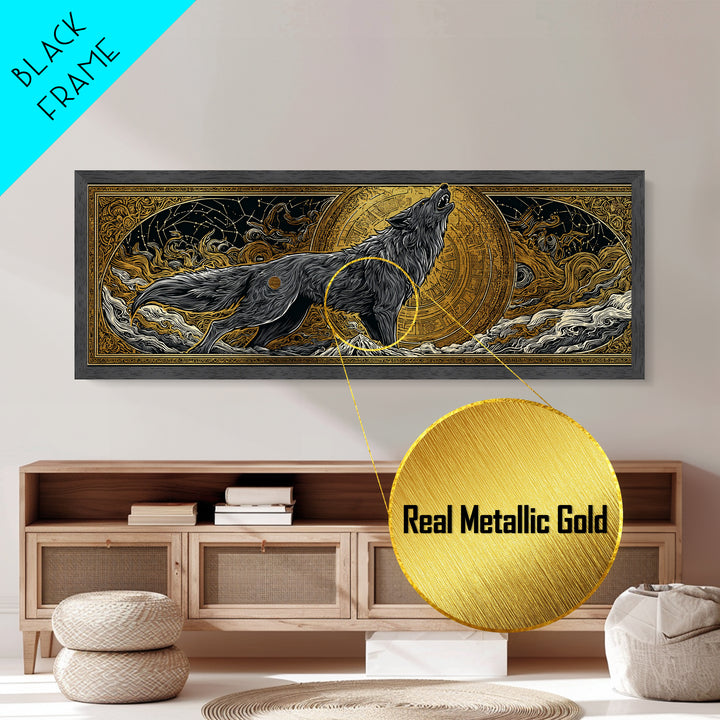 Fenrir Wolf of Ragnarok Metallic Gold Art Metal Art, Norse Mythology Office Decor Man Cave Wall Art, with real wood frame