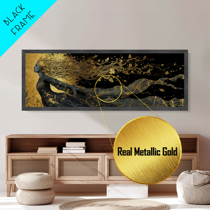 Norse Goddess Freyja Metallic Gold Art Metal Art, Viking Mythology Office Art Man Cave Decor, in handcrafted wood frame