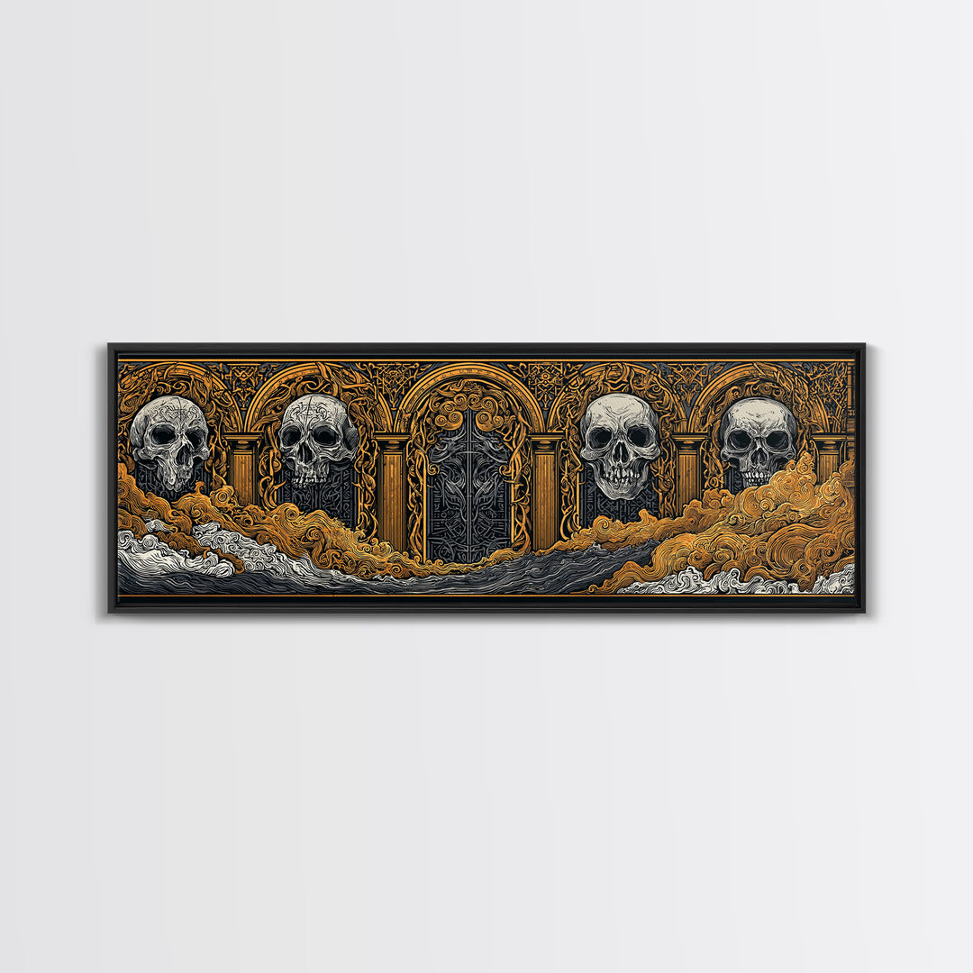 Helheim Canvas Gold Art, Norse Mythology Canvas Art with Nordic Skulls, Office Wall Decor for Men, Framed in Real Wood