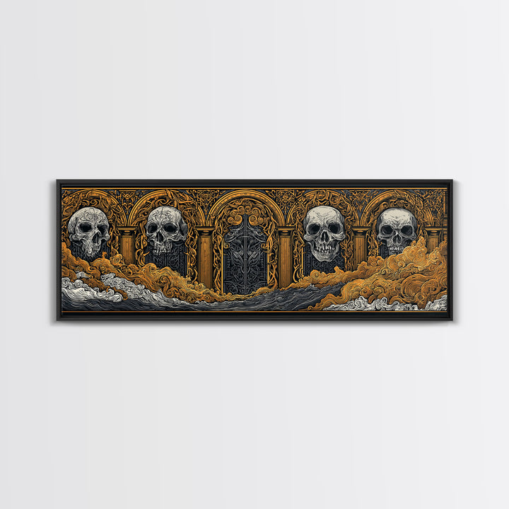 Helheim Canvas Gold Art, Norse Mythology Canvas Art with Nordic Skulls, Office Wall Decor for Men, Framed in Real Wood