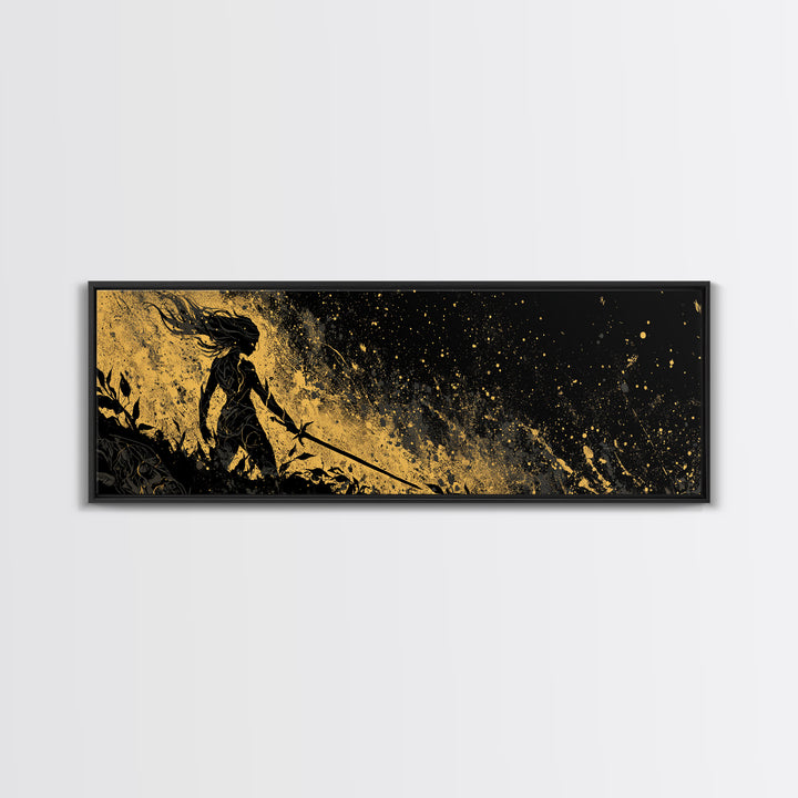 Norse Shieldmaiden Hervor Canvas Art, Canvas Gold Art for Man Cave or Office, Viking Mythology Wall Decor, Real Wood Frame