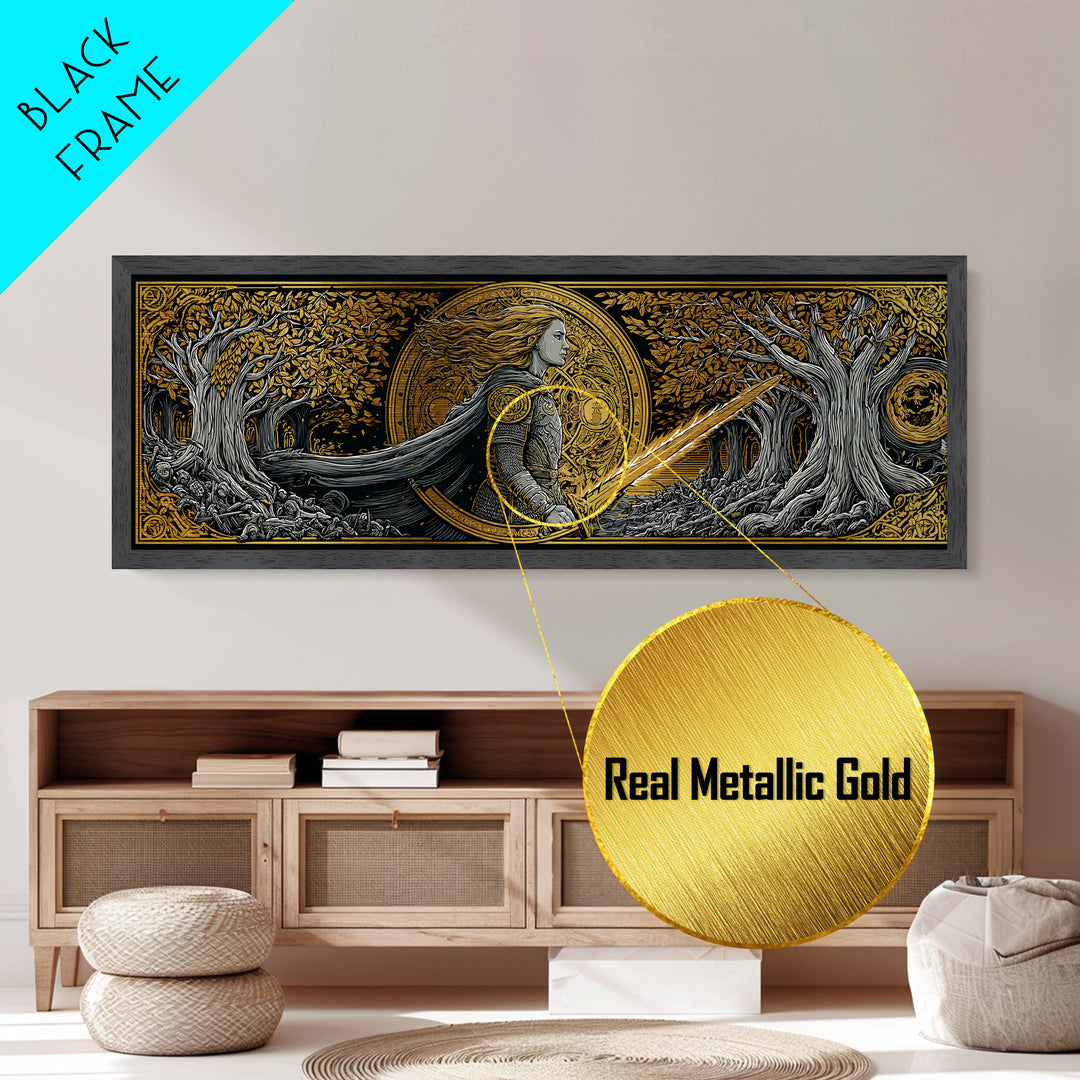 Hervor Nordic Warrior Goddess Metallic Gold Art, Mythology Inspired Metal Art, Dad Gift or Office Art, Framed in Natural Wood