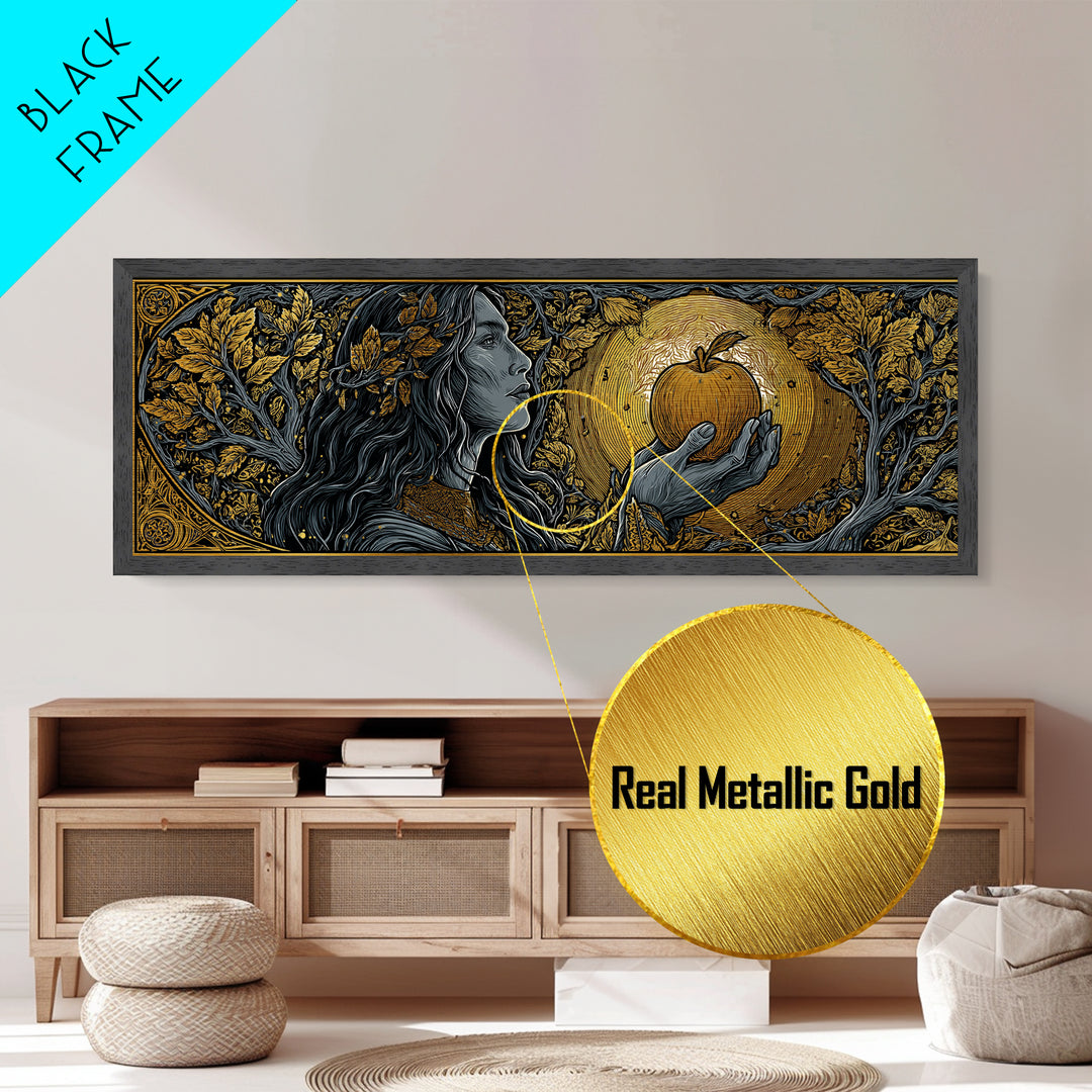 Idunn with Golden Apple Metallic Gold Art, Norse Mythology Goddess Metal Art, Nordic Office Wall Decor, Real Wood Frame