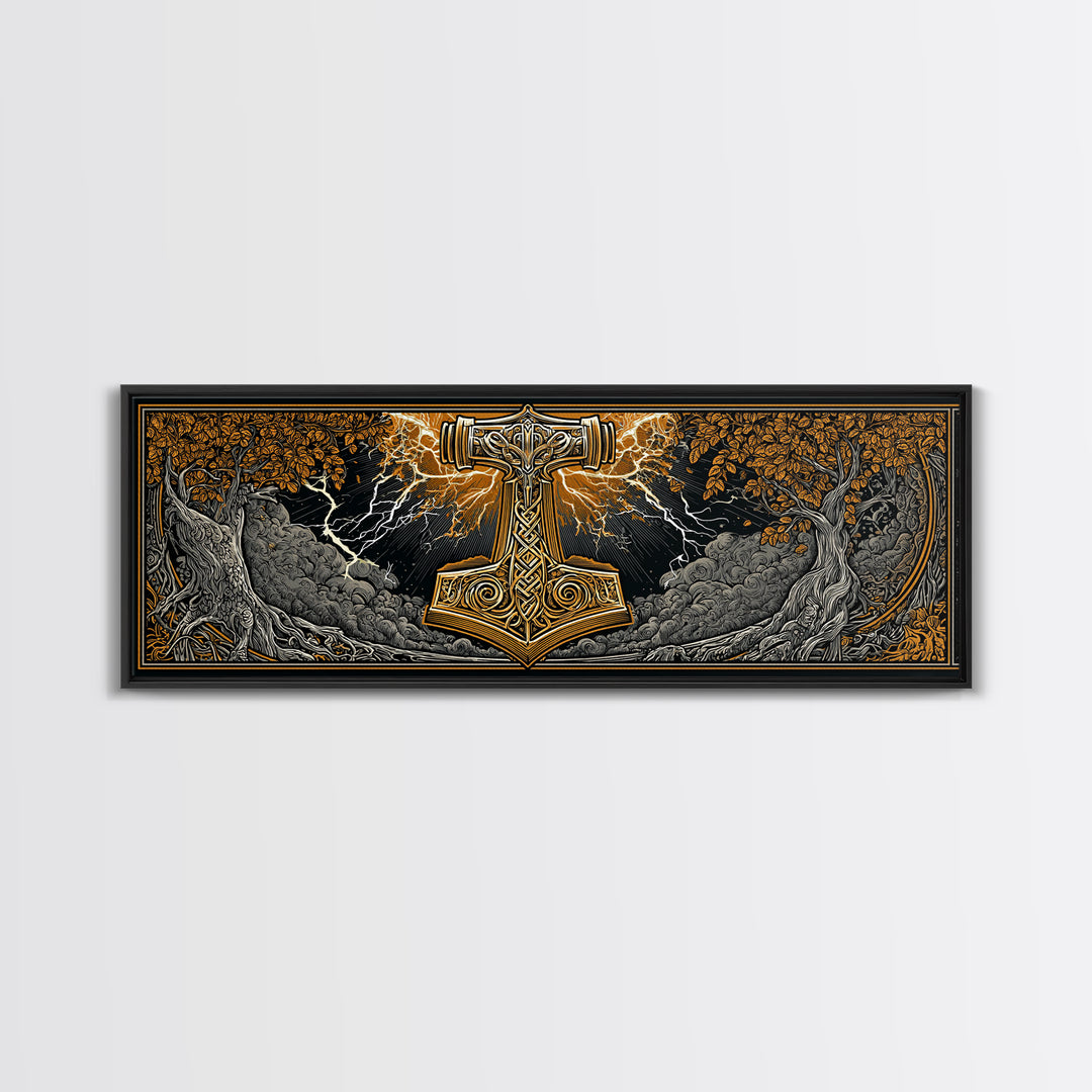 Mjolnir Canvas Gold Art Canvas Art – Thor’s Hammer Norse Mythology Wall Decor for Office or Man Cave, framed in real wood