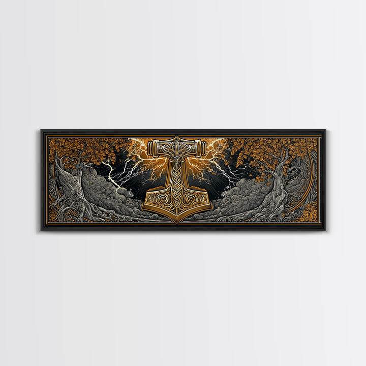 Mjolnir Canvas Gold Art Canvas Art – Thor’s Hammer Norse Mythology Wall Decor for Office or Man Cave, framed in real wood