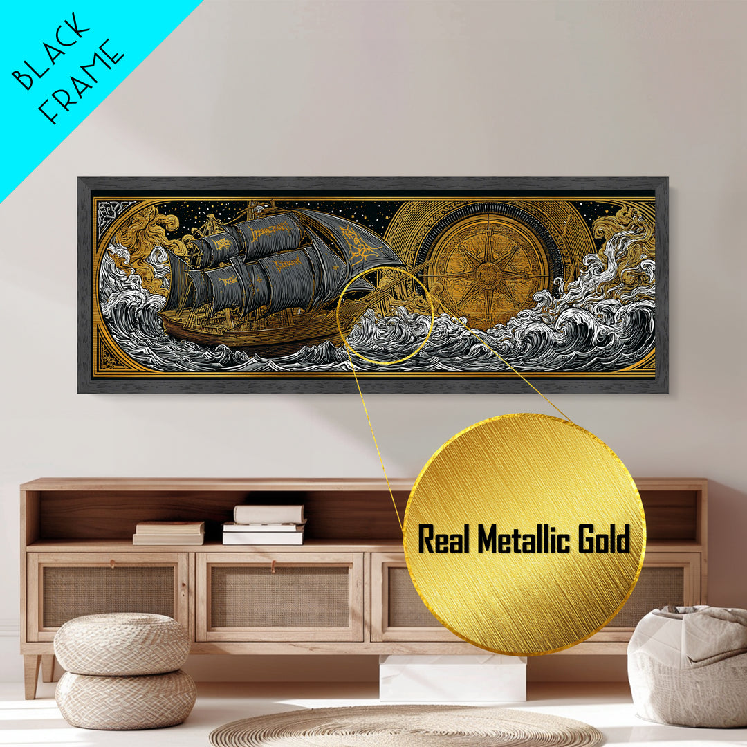 Nordic Naglfar Metallic Gold Art Metal Art – Viking Ship at Sea, Norse Mythology Wall Decor Dad Gift, framed in genuine wood