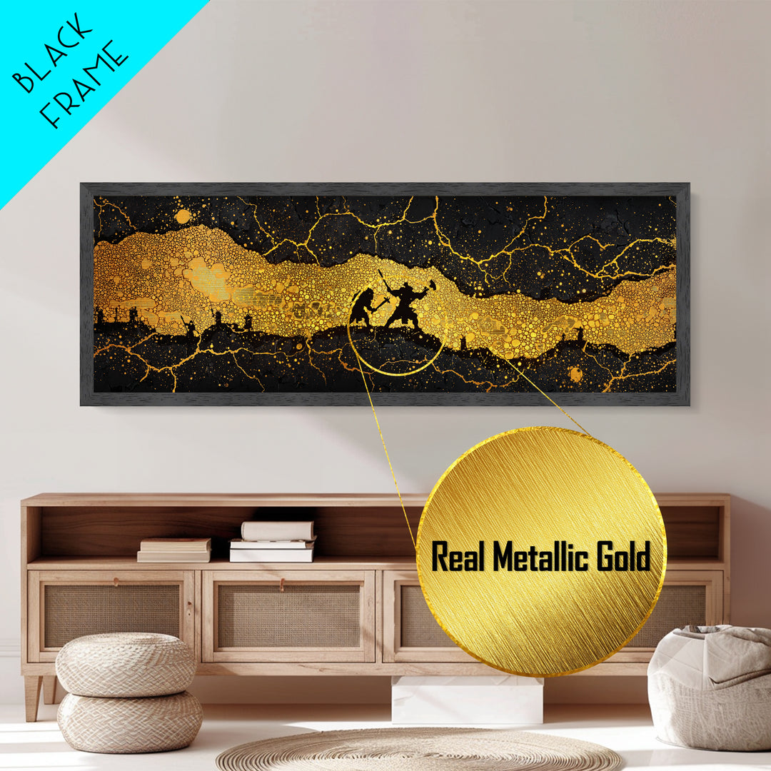 Nidavellir Dwarven Forge Metallic Gold Art Metal Art – Norse Mythology Nordic Decor, Office Wall Hanging, real wood frame included