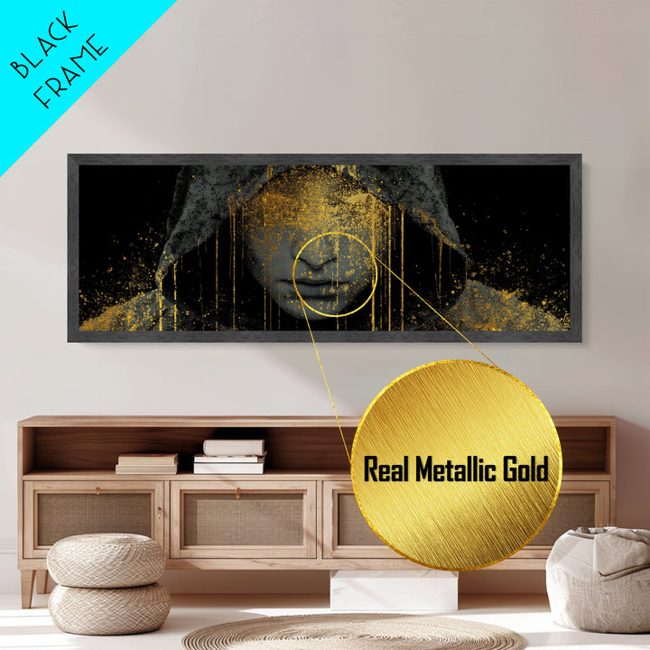 Norse Crown Metallic Gold Art Metal Art – Nordic Royalty Symbol Mythology Wall Hanging for Office or Man Cave, framed with real wood