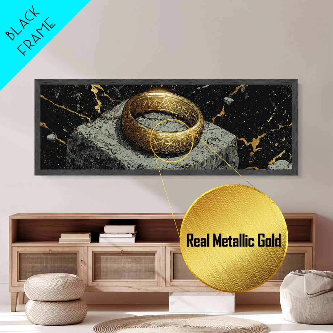 Norse Ring Metallic Gold Art Metal Art – Nordic Mythology Jewelry Symbol, Viking Inspired Wall Decor Office Gift, natural wood frame
