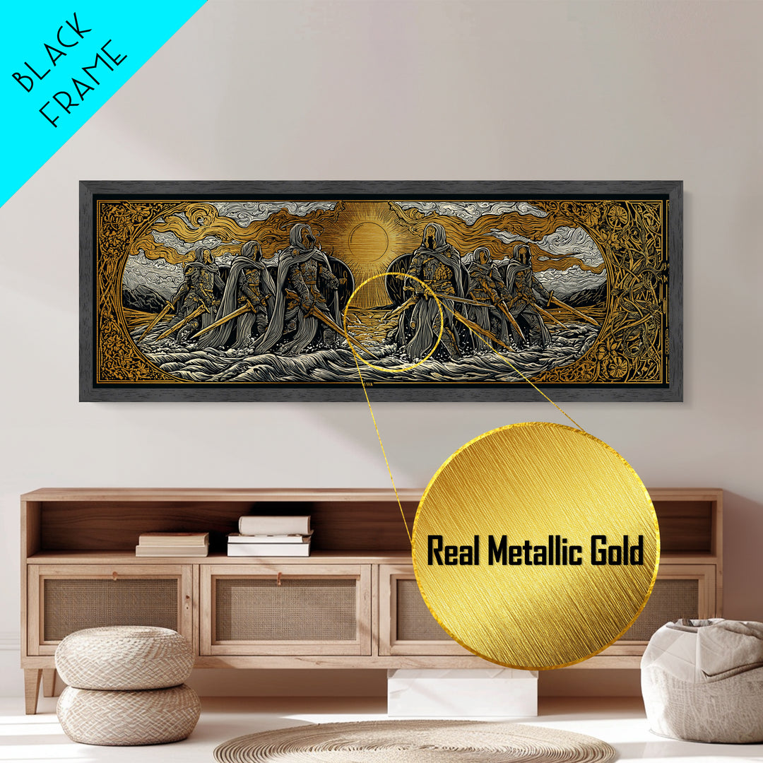 Norse Warriors Metallic Gold Art Metal Art | Viking Battle Scene Wall Decor framed in natural wood | Man Cave or Office Gift