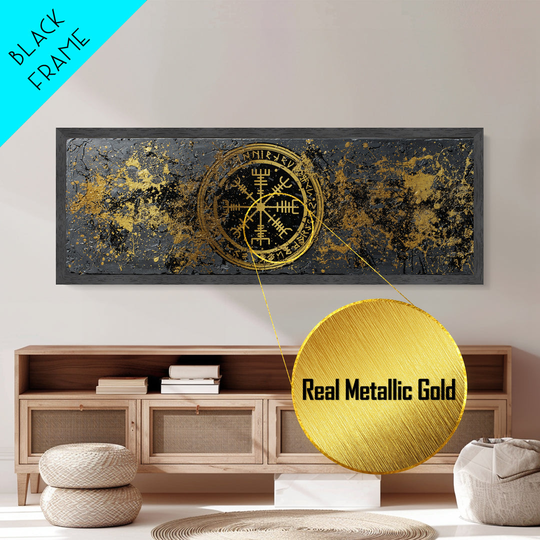 Norse Mythology Metallic Gold Art Metal Art – Viking Warrior Silhouettes Battle Wall Decor, Man Cave Office Gift, framed in wood
