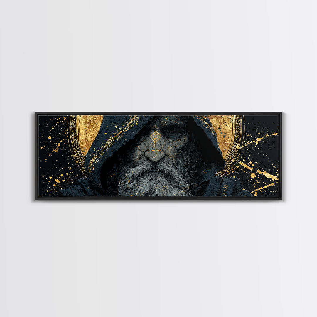Canvas Gold Art of Odin Canvas Art | Viking God Wall Hanging framed in natural wood | Nordic Decor Gift for Men or Fathers