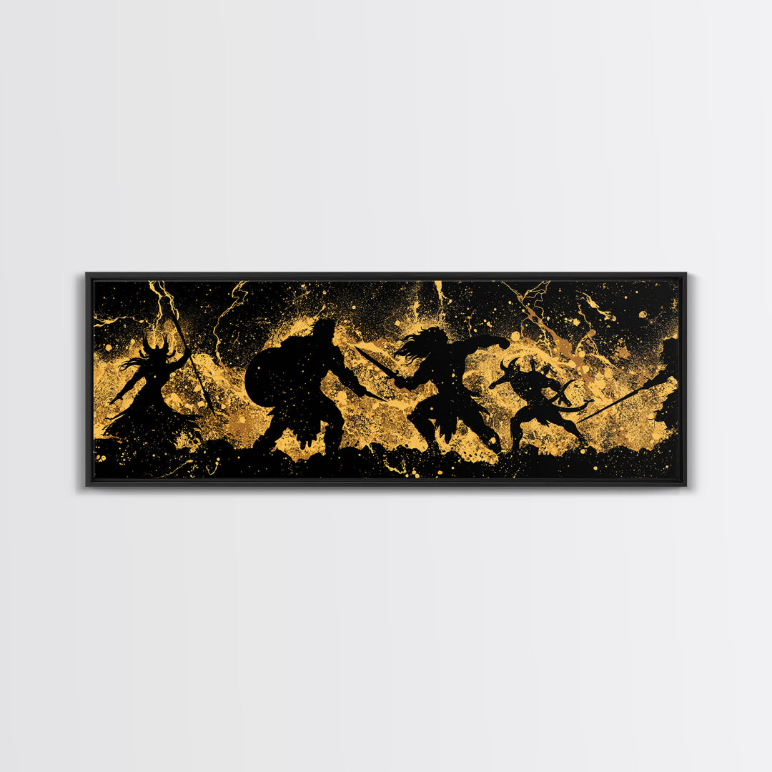 Ragnarok Nordic Myth Canvas Gold Art Canvas Art | Epic Viking Battle Scene Wall Decor with real wood frame | Office or Den Art