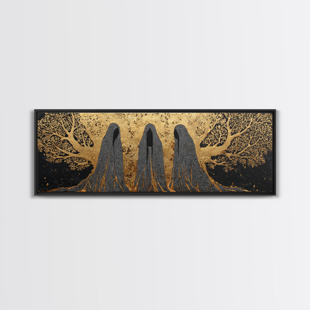 Nordic Norns Destiny Goddesses Canvas Gold Art Canvas Art for Viking Office Decor or Dad Gift, with authentic real wood frame