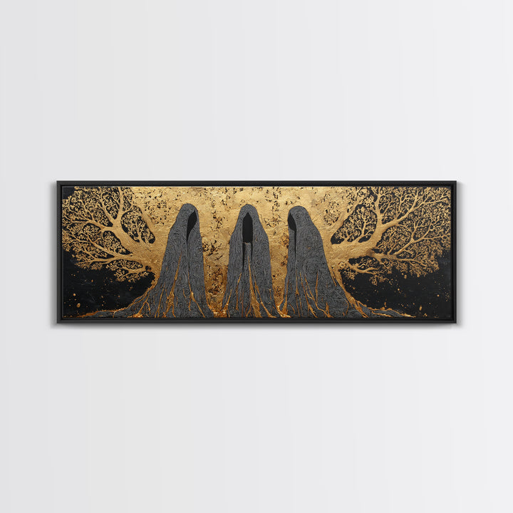 Nordic Norns Destiny Goddesses Canvas Gold Art Canvas Art for Viking Office Decor or Dad Gift, with authentic real wood frame
