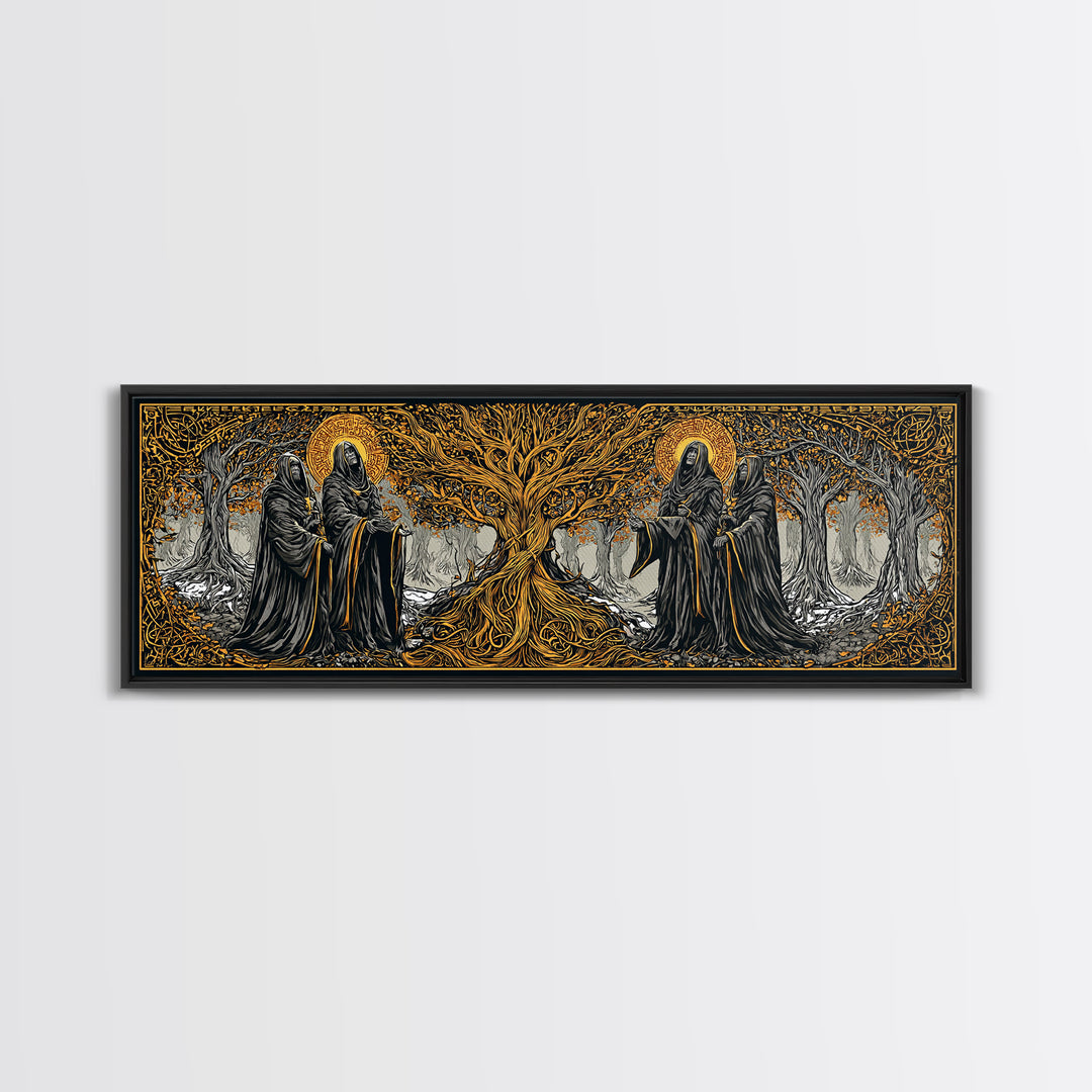 The Norns Canvas Gold Art Norse Mythology Canvas Art Wall Decor for Man Cave or Office, framed in handcrafted real wood