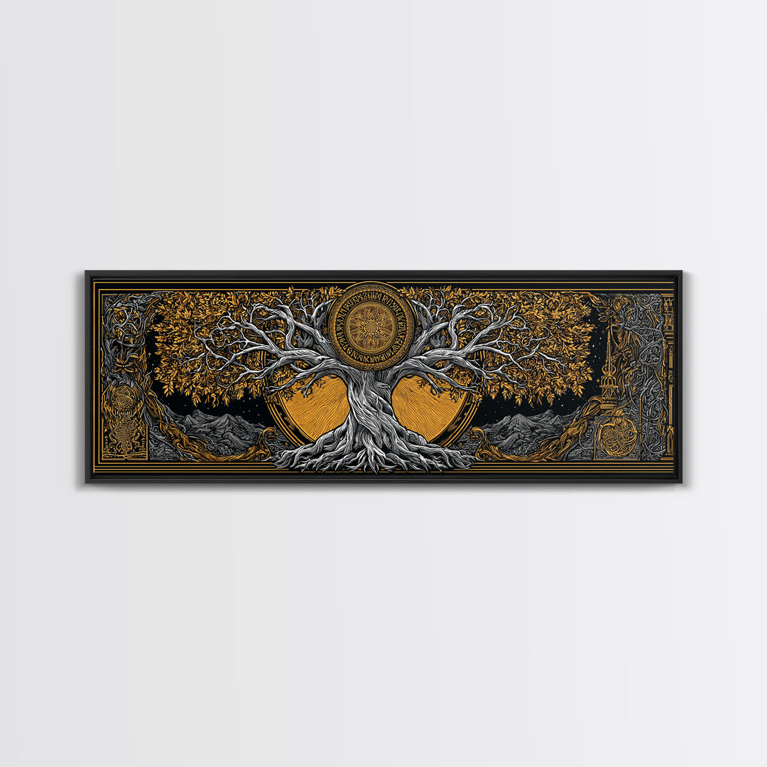 Yggdrasil Cosmic World Tree Canvas Gold Art Canvas Art Norse Decor for Man Cave or Dad Gift, with rustic real wood framing