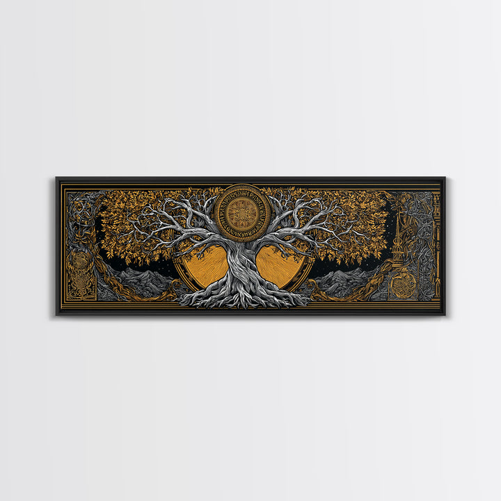 Yggdrasil Cosmic World Tree Canvas Gold Art Canvas Art Norse Decor for Man Cave or Dad Gift, with rustic real wood framing