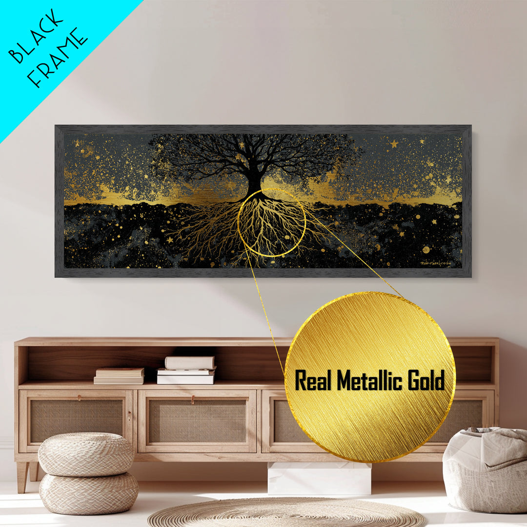 Nordic Tree of Life Yggdrasil Metallic Gold Art Metal Art Norse Mythology Wall Decor, handcrafted in a premium real wood frame