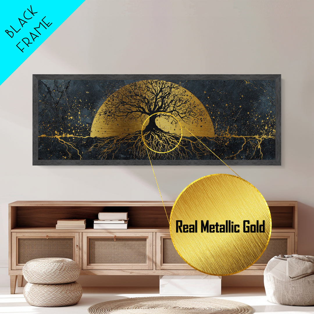 The World Tree Norse Yggdrasil Metallic Gold Art Metal Art Cosmic Wall Decor for Office or Man Cave, framed in natural wood