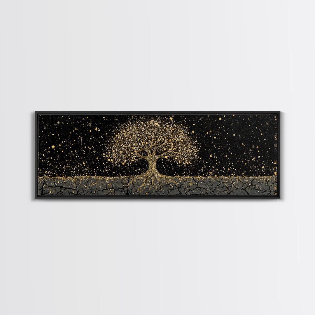 The World Tree Yggdrasil Canvas Gold Art Canvas Art Norse Mythology Wall Decor for Men’s Office, framed in solid natural wood