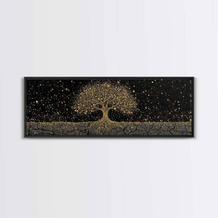 The World Tree Yggdrasil Canvas Gold Art Canvas Art Norse Mythology Wall Decor for Men’s Office, framed in solid natural wood