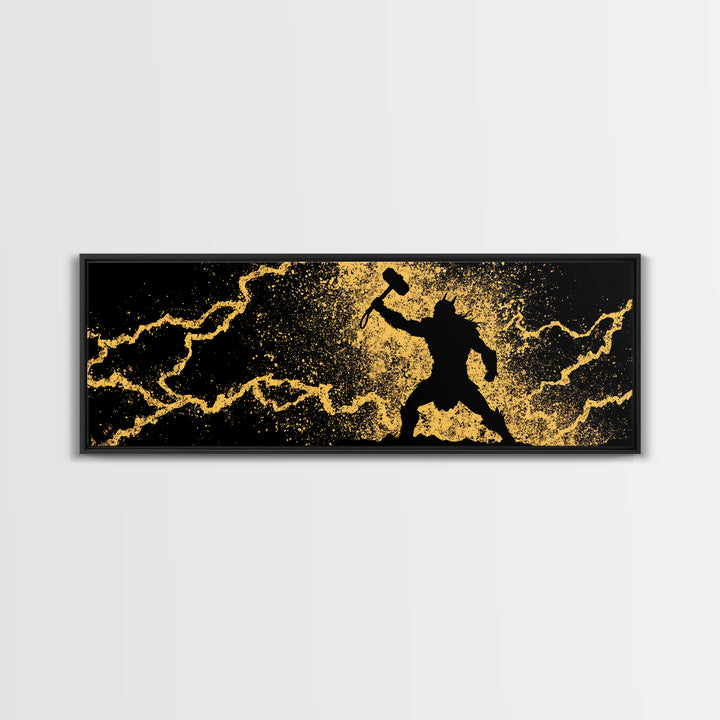 Nordic Thor with Mjolnir Canvas Gold Art Canvas Art Norse Mythology Wall Decor for Men’s Office, set in a real wood frame