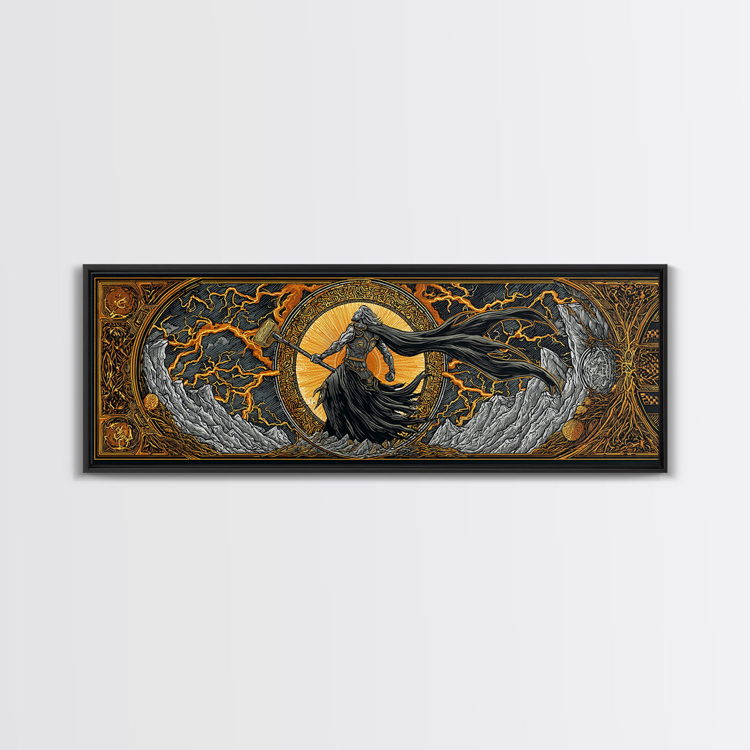 Thor God of Thunder Canvas Gold Art Canvas Art Viking Wall Decor Norse Mythology Decor, with natural handcrafted wood framing