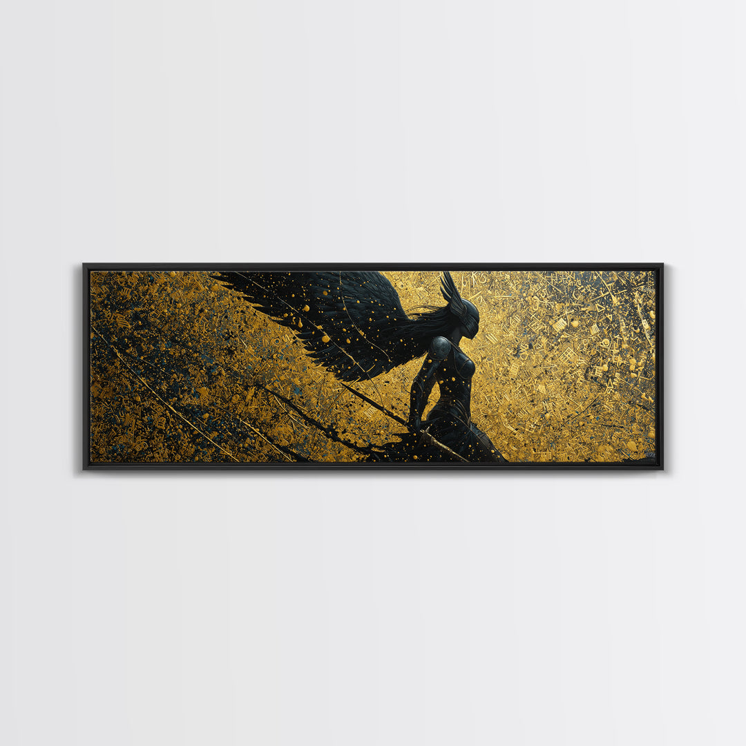 Valkyrie Warrior Canvas Gold Art Nordic Mythology Canvas Art, Office Wall Decor framed in natural wood, Viking Dad Gift