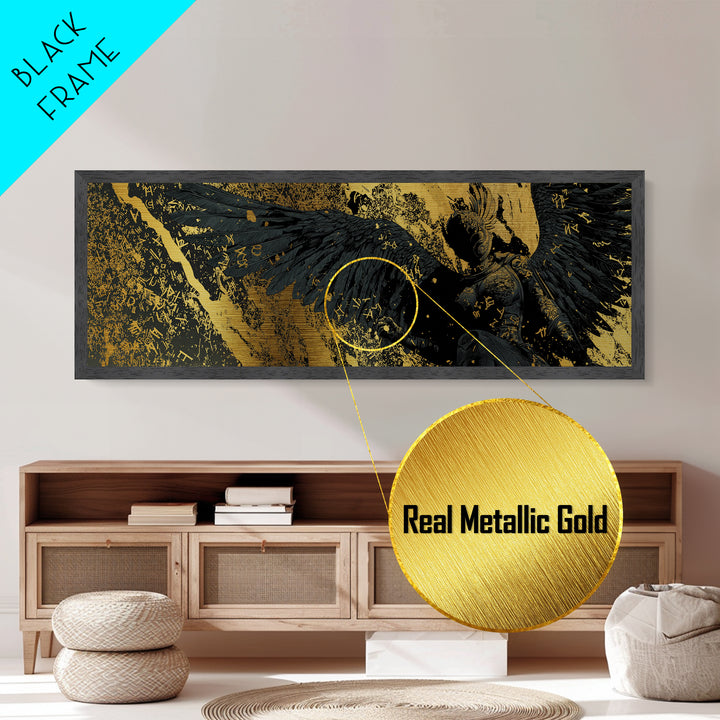 Nordic Valkyrie Metallic Gold Art Metal Art with Mythology Design, Man Cave Wall Decor in real wood frame, Norse Office Gift
