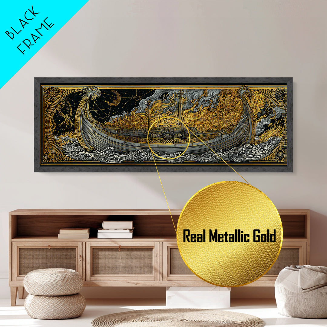 Norse Viking Longship Metallic Gold Art Metal Art, Mythology Office Wall Decor with real wood frame, Unique Gift for Men