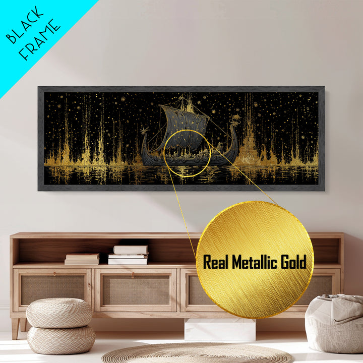 Nordic Viking Warriors Metallic Gold Art Metal Art, Mythology Office Wall Hanging in natural wood frame, Gift for Him Decor