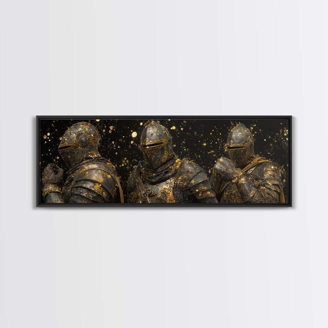 Viking Ship Canvas Gold Art Norse Mythology Canvas Art, Office Wall Decor framed in natural wood, Man Cave Gift for Him