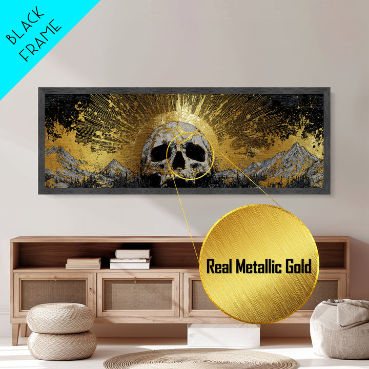 Nordic Mythology Metallic Gold Art, Ymir Skull Landscape Metal Art with Natural Wood Frame, Viking Man Cave Wall Decor