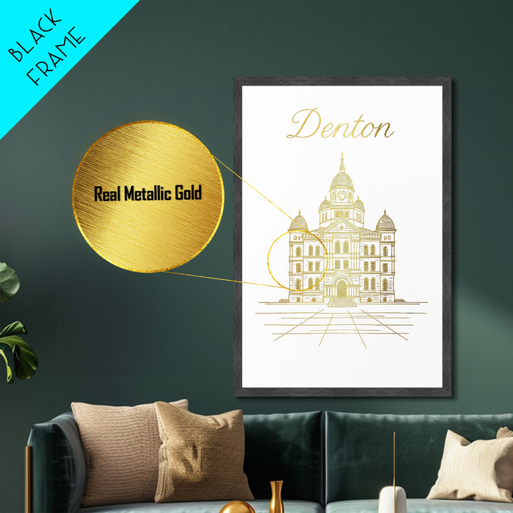 Denton Texas Art, Metallic Gold Print, Wood Framed Art, Metal Art, Minimalist Wall Art, Honeymoon Gift, Bedroom Art
