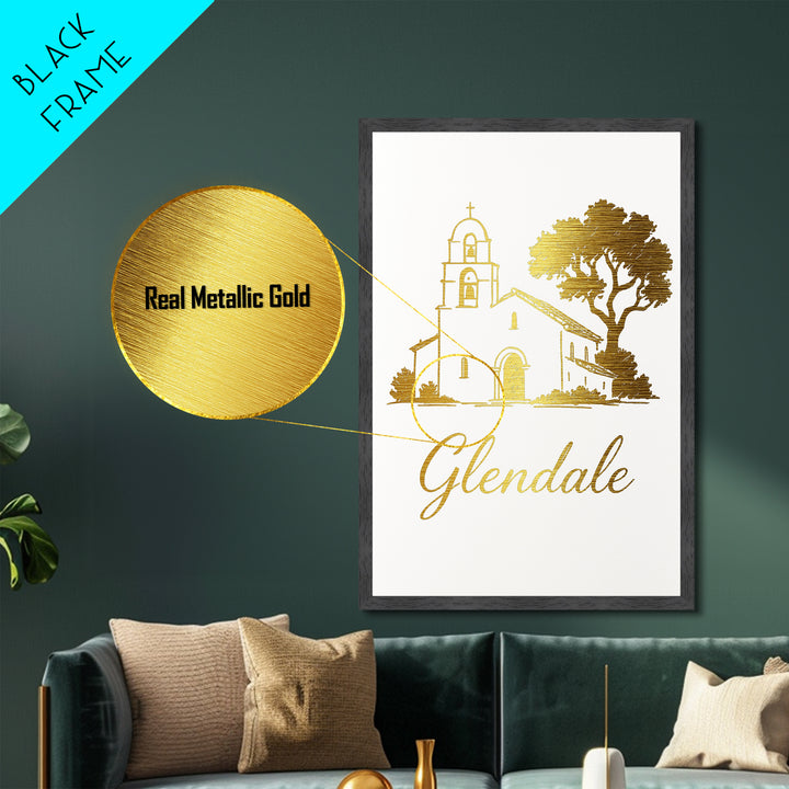 Glendale California Art, Metallic Gold Print, Wood Framed Art, Metal Art, Modern Skyline Wall Print, Traveler Gift, Bedroom Art