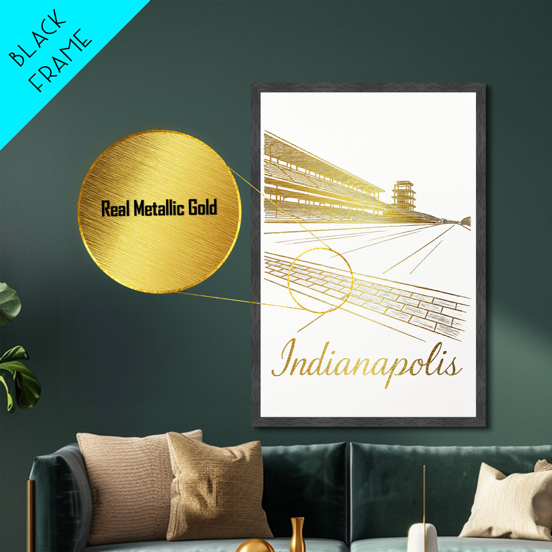 Indianapolis Indiana Art, Metallic Gold Print, Wood Framed Art, Metal Art, Minimalist Wall Art, Anniversary Gift, Living Room Art