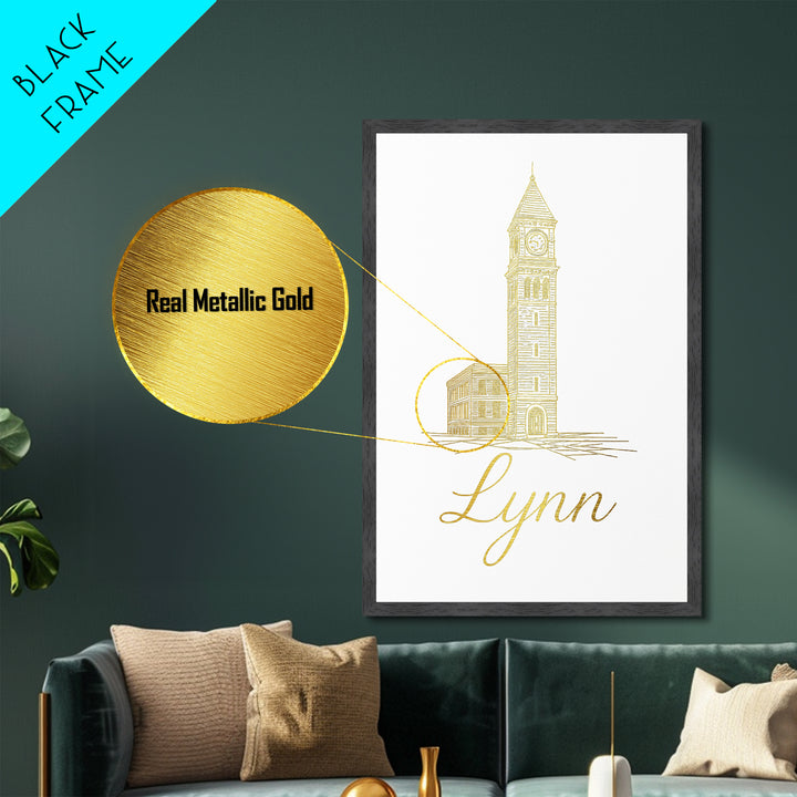 Lynn Massachusetts Art, Metallic Gold Art, Wood Framed Art, Metal Art, Traveler Gift, Entryway Wall Print, Living Room Art