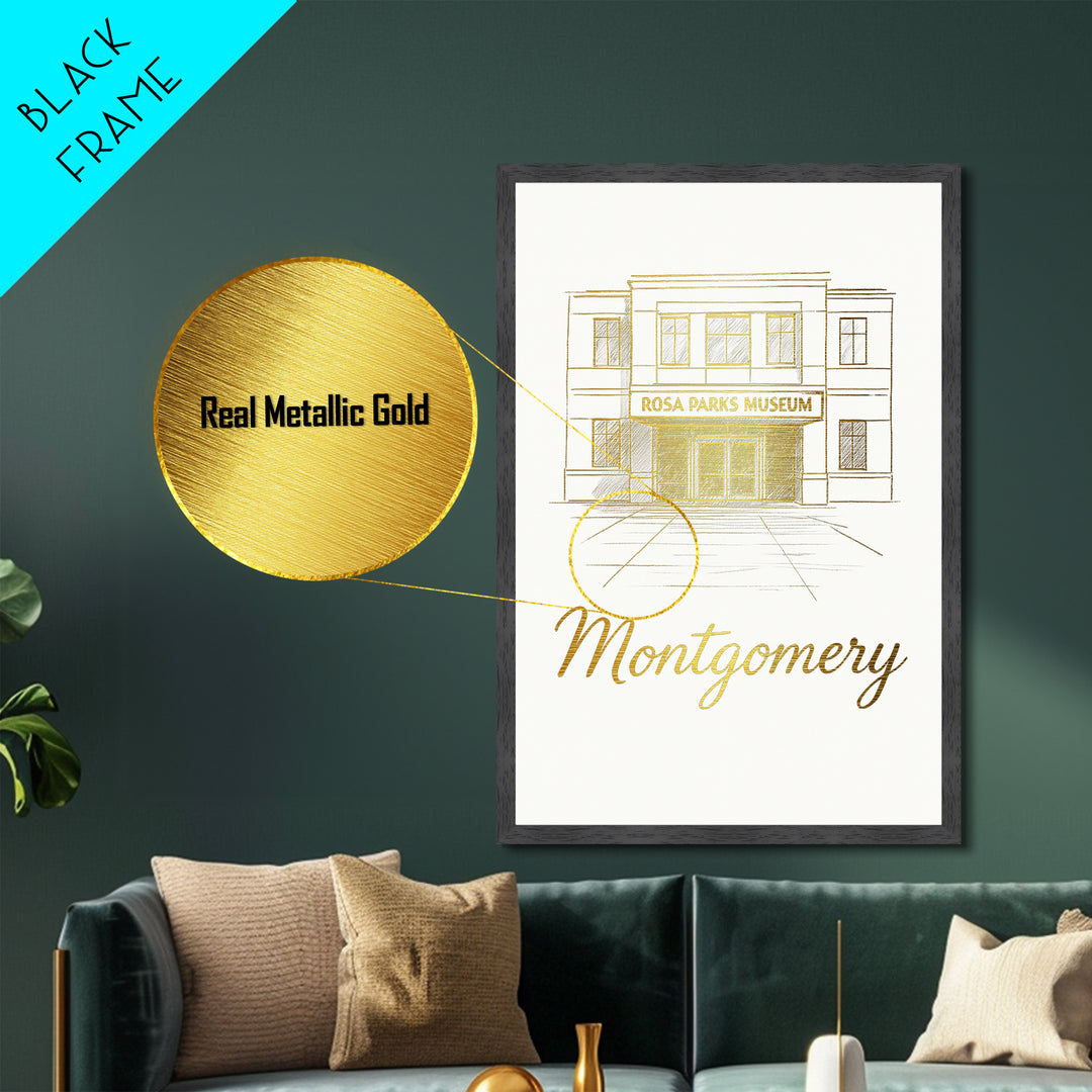 Montgomery Alabama Art, Metallic Gold Art, Wood Framed Art, Metal Art, Birthday Gift, Entryway Wall Print, Hallway Wall Art