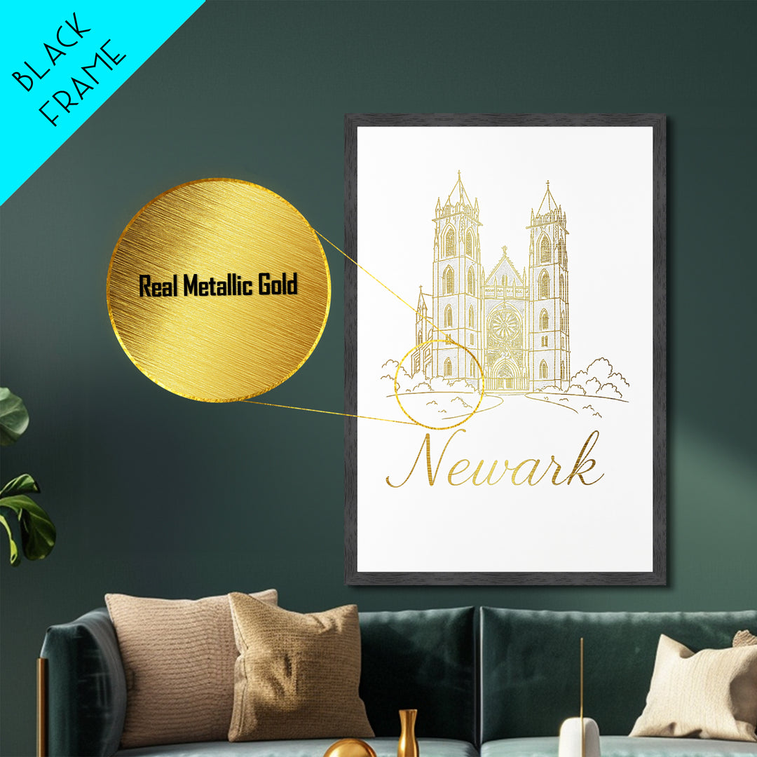 Newark New Jersey Art, Metallic Gold Art, Wood Framed Art, Metal Art, Minimalist Wall Art, Destination Gift, Living Room Art