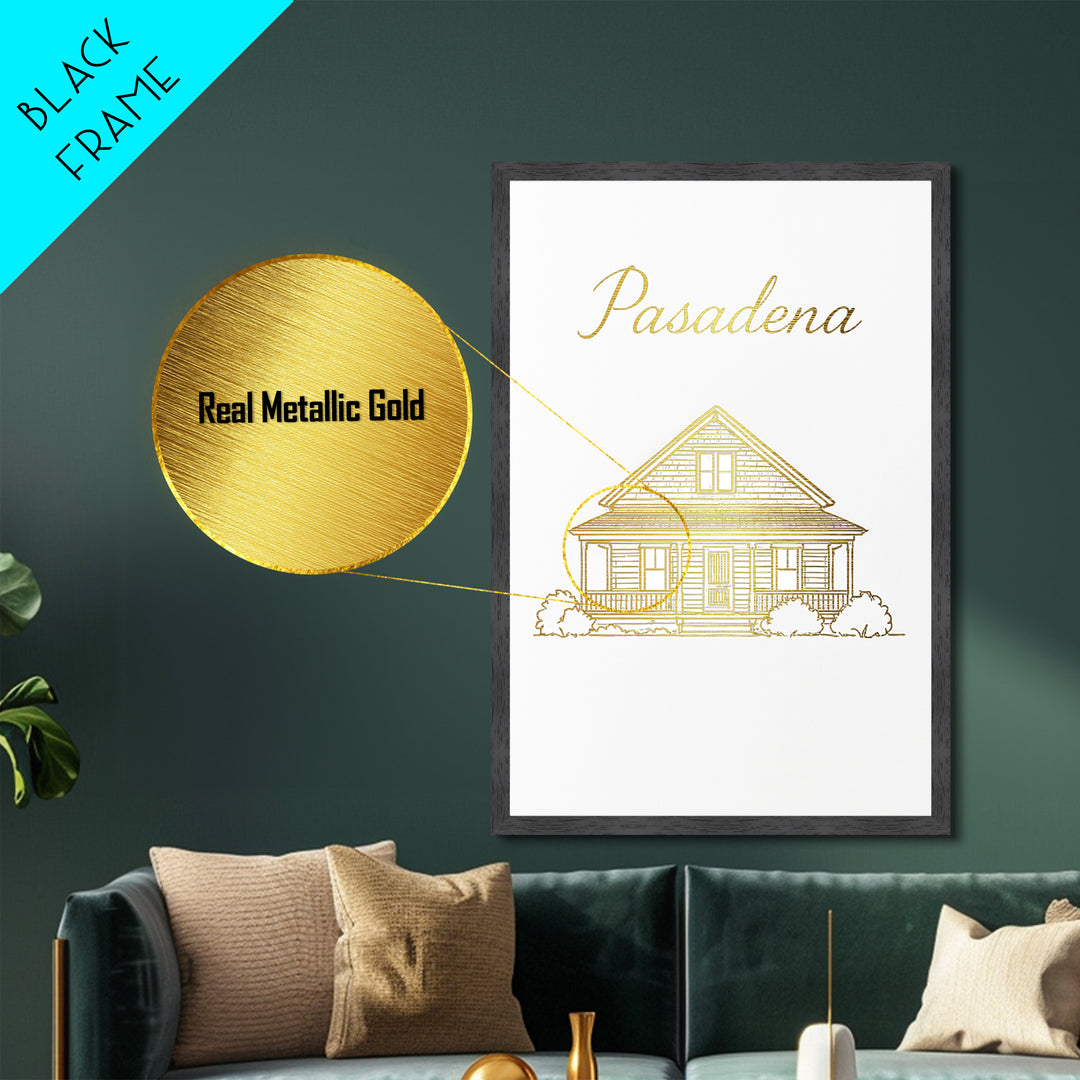 Pasadena California Art, Metallic Gold Print, Wood Framed Art, Metal Art, Modern Wall Art, Graduation Gift, Living Room Art