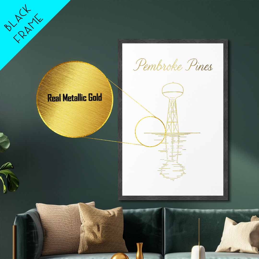 Pembroke Pines Florida Art, Metallic Gold Print, Wood Framed Art, Metal Art, Modern Wall Art, Graduation Gift, Living Room Art